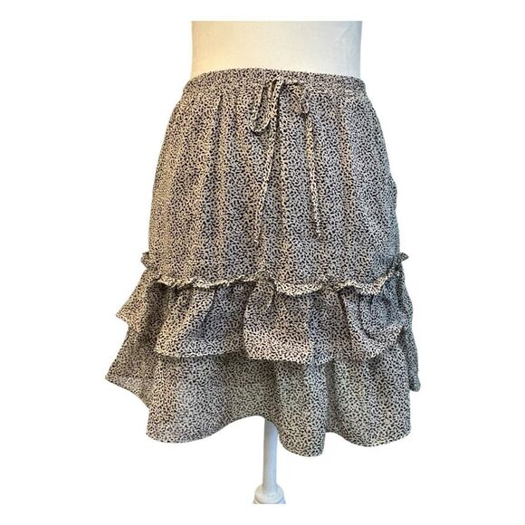Sienna Sky Tiered Leopard Print Mini Skirt Cream Black Layered Ruffles Pull-On S - Picture 1 of 7